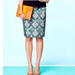 J. Crew no. 2 pencil skirt Paisley ornamental design in blue and green size 2